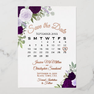 Invitation En Aluminium Roses Violettes Élégantes Enregistrer la Date Rose