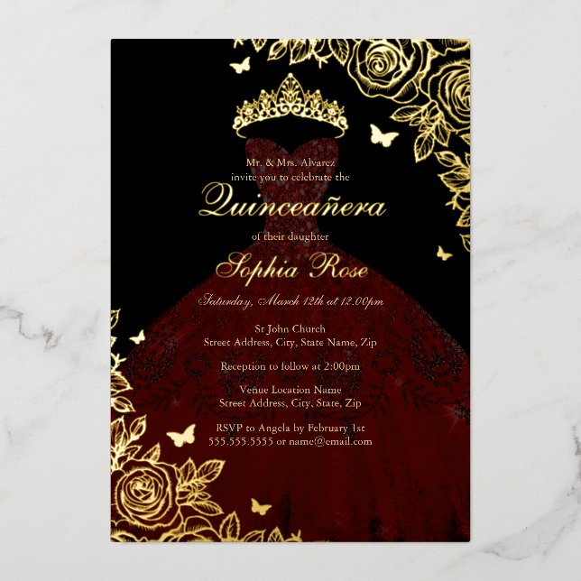Invitation En Aluminium Rouge Bourgogne Black Gold Rose robe Quinceanera (Recto)