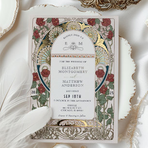 Invitation En Aluminium Rouge Bourgogne Bleu Nuit Or Art Nouveau Mariage