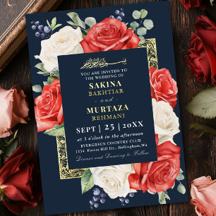Invitation En Aluminium Rouge et blanc Floral bleu Mariage musulman