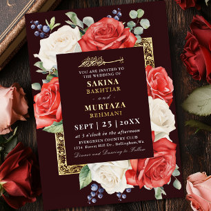Invitation En Aluminium Rouge et blanc Floral Bourgogne Mariage musulman
