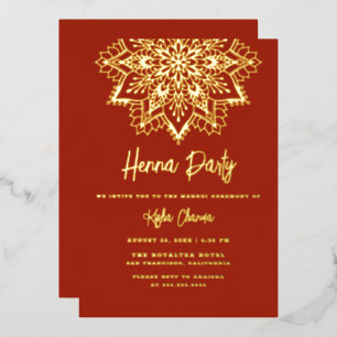 Invitation En Aluminium Rouge et or Mandala Henna Party Mehndi Real Gold