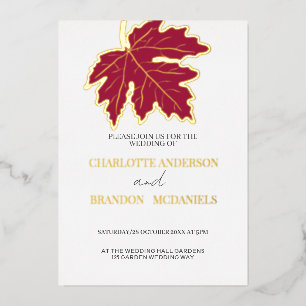 Invitation En Aluminium Rouge Feuille d'érable Mariage or