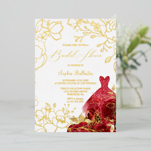Invitation En Aluminium Rouge Floral & Robe Mariage Fleurs Dorées