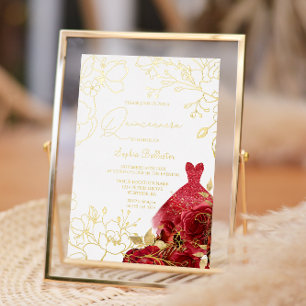 Invitation En Aluminium Rouge Floral & Robe Quinceanera Feuilles d'or