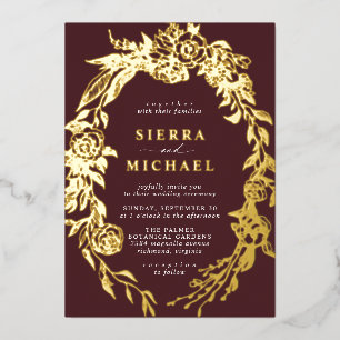 Invitation En Aluminium Rouge foncé et or   Luxe Mariage Floral Bourgogne