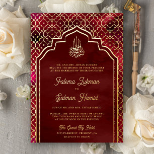 Invitation En Aluminium Rouge Grenat Mariage Musulman Arc Marocain Or