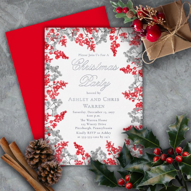 Invitation En Aluminium Rouge | Grey Holly Berries Fête de Noël Florale (Créateur téléchargé)