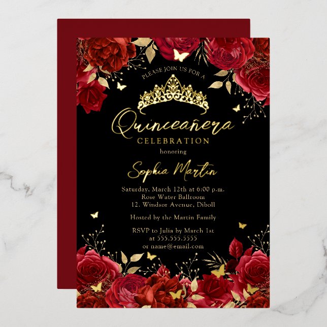 Invitation En Aluminium Rouge Noir Enchantant papillon floral Quinceanera (Recto/Verso)