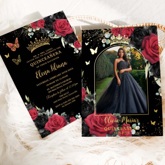 Invitation En Aluminium Rouge noir Rose Floral Quinceañera Sweet 16 Photo (Créateur téléchargé)