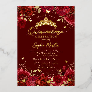 Invitation En Aluminium Rouge Or Enchantant papillon floral Quinceanera