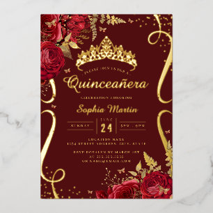 Invitation En Aluminium Rouge Or Floral Élégant Parchemin Quinceanera 
