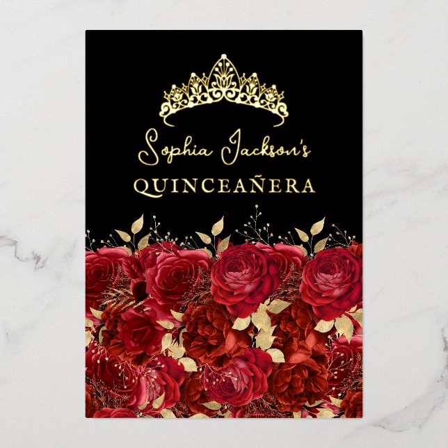 Invitation En Aluminium Rouge or Floral Rose Quinceanera (Recto)