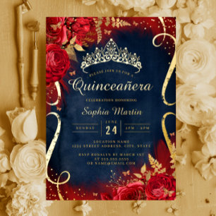 Invitation En Aluminium Rouge Or Floral Scroll Navy Quinceanera
