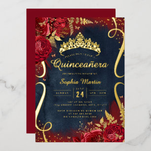 Invitation En Aluminium Rouge Or Marine Floral Scroll Quinceanera 