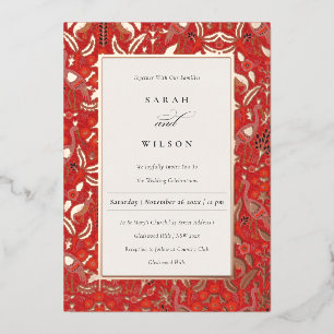 Invitation En Aluminium Rouge Orné Élégant Floral Paon Or Mariage