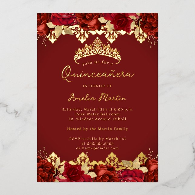 Invitation En Aluminium Rouge Rose or Damask Floral Quinceanera (Recto)