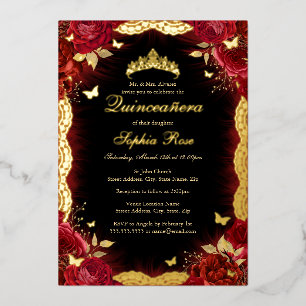 Invitation En Aluminium Rouge Rose Or papillon dentelle Quinceanera Annive