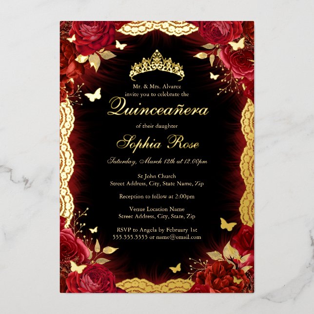 Invitation En Aluminium Rouge Rose Or papillon dentelle Quinceanera Annive (Recto)