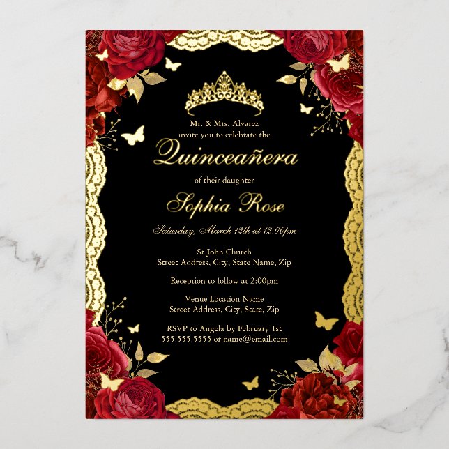 Invitation En Aluminium Rouge Rose Or papillon dentelle Quinceanera Annive (Recto)