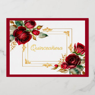 Invitation En Aluminium Rouge Roses Gold Foil Quinceañera