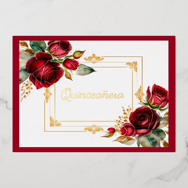 Invitation En Aluminium Rouge Roses Gold Foil Quinceañera (Recto)