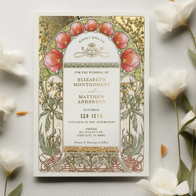 Invitation En Aluminium Rouge Tulips Vintage Mariage Art Nouveau (Créateur téléchargé)