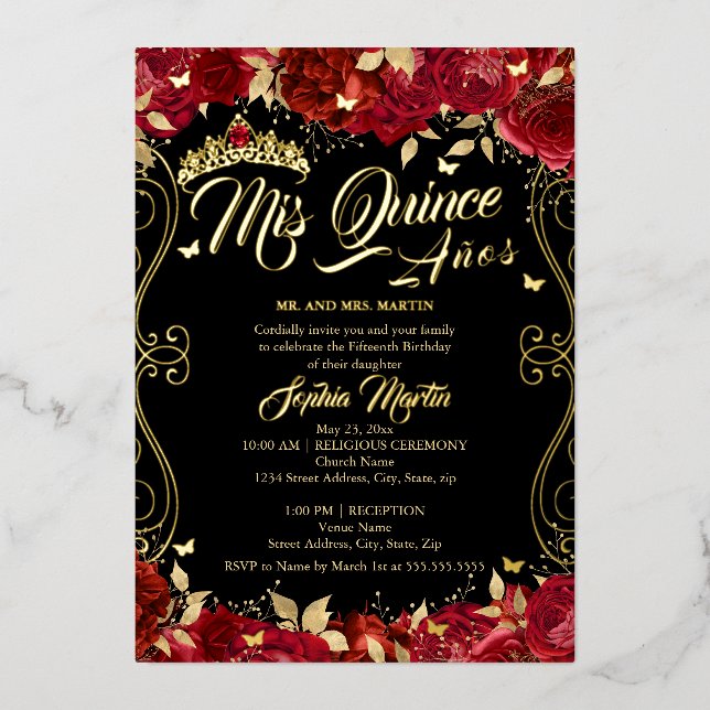 Invitation En Aluminium Rouges Floral Garden Scroll Mis Quince Quinceanera (Recto)