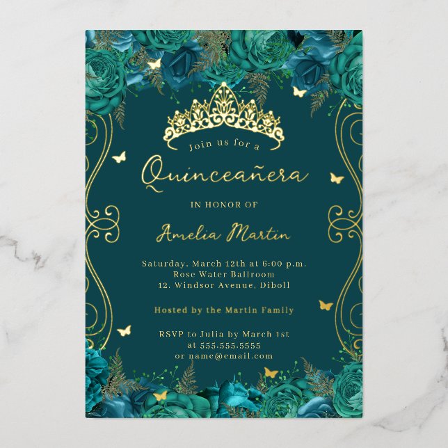 Invitation En Aluminium Rouleau Turquoise or Flou Quinceanera Florale (Recto)