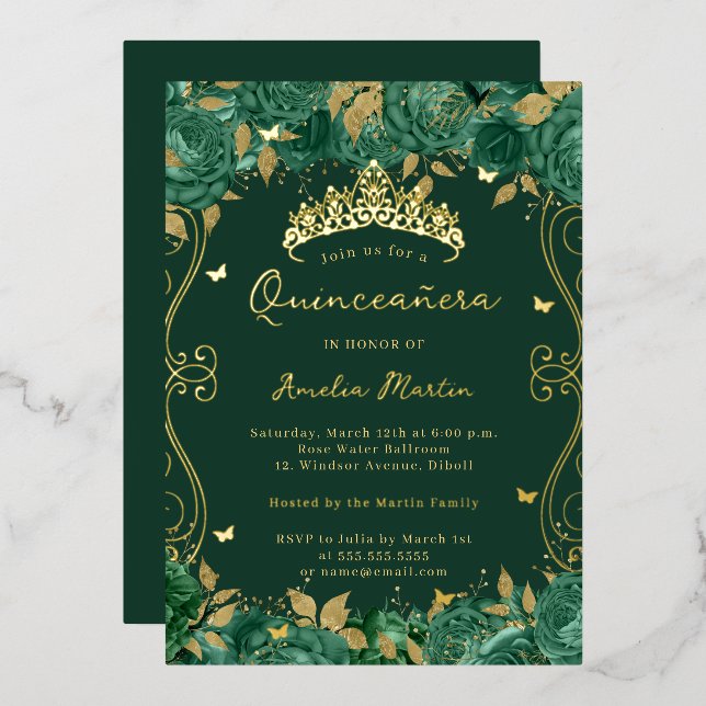 Invitation En Aluminium Rouleau vert or Défiler Floral Quinceanera (Recto/Verso)