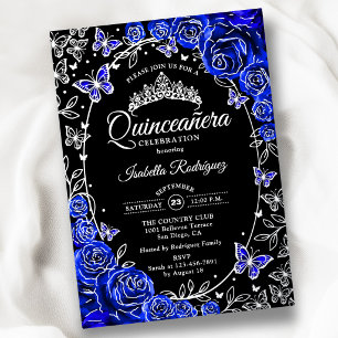 Invitation En Aluminium Royal Blue Argent Noir Roses Quinceanera
