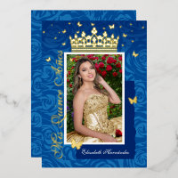 Royal Blue Elegant Photo Quinceañera Gold