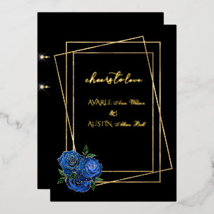 Invitation En Aluminium Royal Blue Glam Roses et noir et or