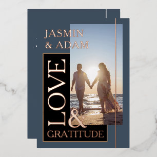 Invitation En Aluminium Royal Blue Gold Photo Mariage Amour et Gratitude
