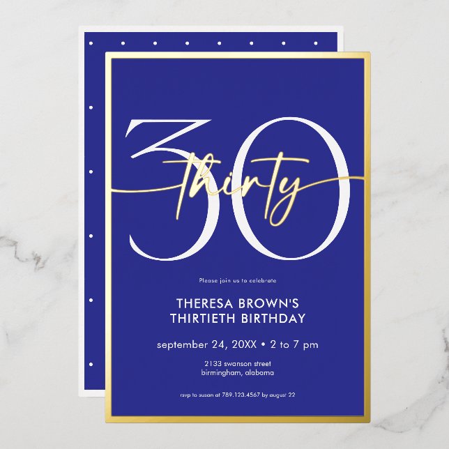 Invitation En Aluminium Royal Blue moderne 30 Script Anniversaire (Recto/Verso)