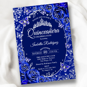 Invitation En Aluminium Royal Blue Papillons Argent Roses Quinceanera