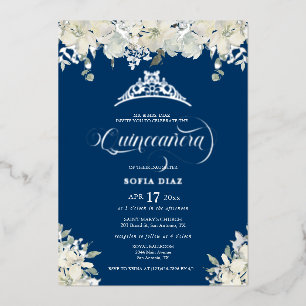 Invitation En Aluminium Royal Blue Quinceañera Floral Gold
