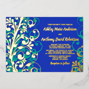 Invitation En Aluminium Royal Blue Turquoise Real Gold Foil Floral Mariage