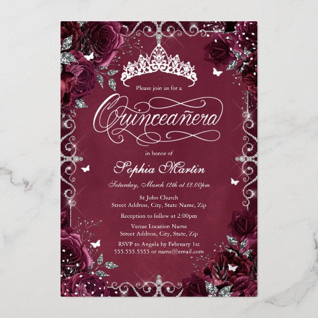 Invitation En Aluminium Royal Burgundy Rose papillon en argent Quinceanera (Recto)
