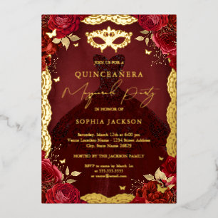 Invitation En Aluminium Royal Masquerade Party Red Gold Gown Quinceanera