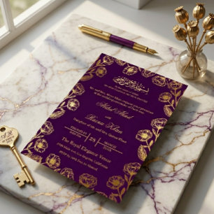 Invitation En Aluminium Royal Purple Floral Or Doré Nikah Islamique Musulm