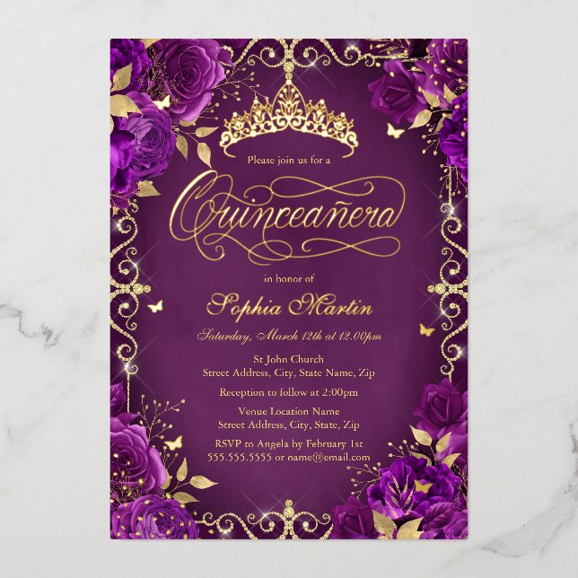 Invitation En Aluminium Royal Purple Gold Butterfly Rose Quinceanera (Recto)