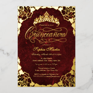 Invitation En Aluminium Royal Red Gold Elegant Rose Script Quinceanera 