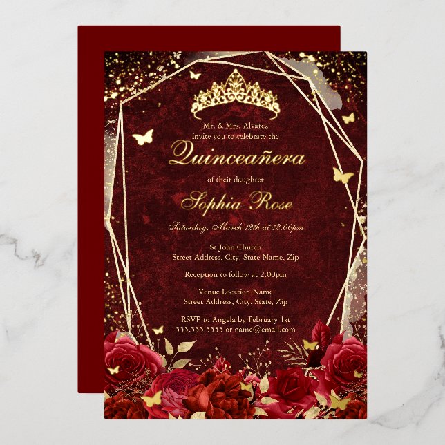 Invitation En Aluminium Royal Red Gold Floral Butterfly Tiara Quinceanera (Recto/Verso)