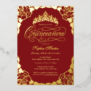 Invitation En Aluminium Royal Rose Rouge Or Élégant Script Quinceanera 