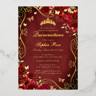 Invitation En Aluminium Royal Rouge Floral Or Tourbillon Papillon Quincean