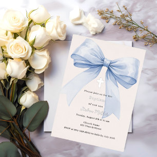 Invitation En Aluminium Ruban bleu crème garçon Baptême argent
