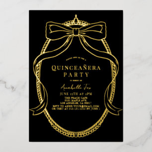 Invitation En Aluminium Ruban en or Tiara Frame Black Quinceañera
