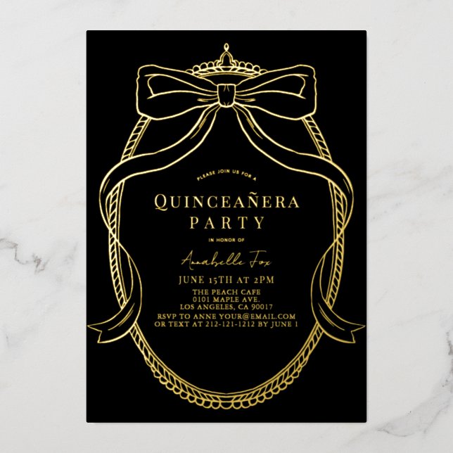 Invitation En Aluminium Ruban en or Tiara Frame Black Quinceañera (Recto)