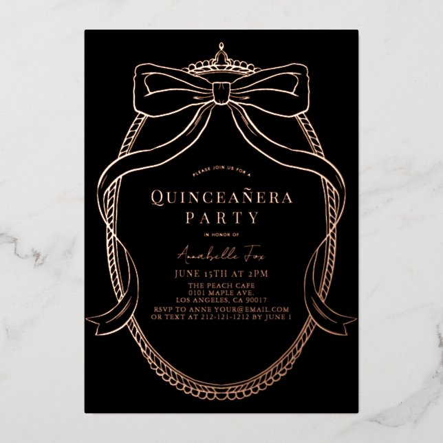 Invitation En Aluminium Ruban en or Tiara Frame Black Quinceañera (Recto)